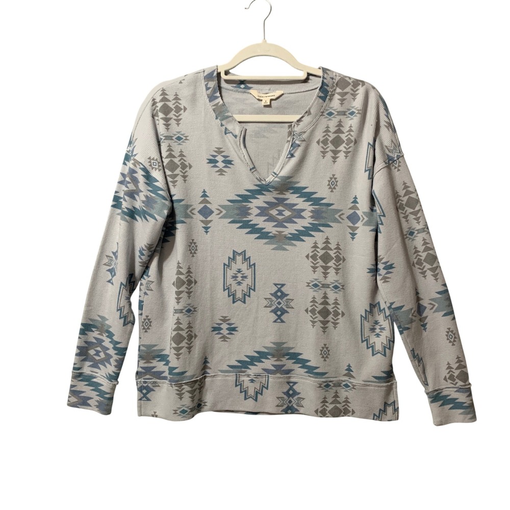 Lucky Brand Womens Southwestern Waffle Knit Thermal Top Blue Grey‎ Size S Aztec